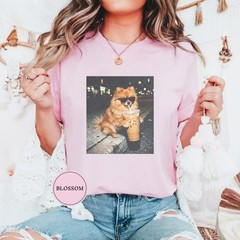Funny Pomeranian Drinking Iced Coffee Shirt, Animal Meme Tee T-Shirt
