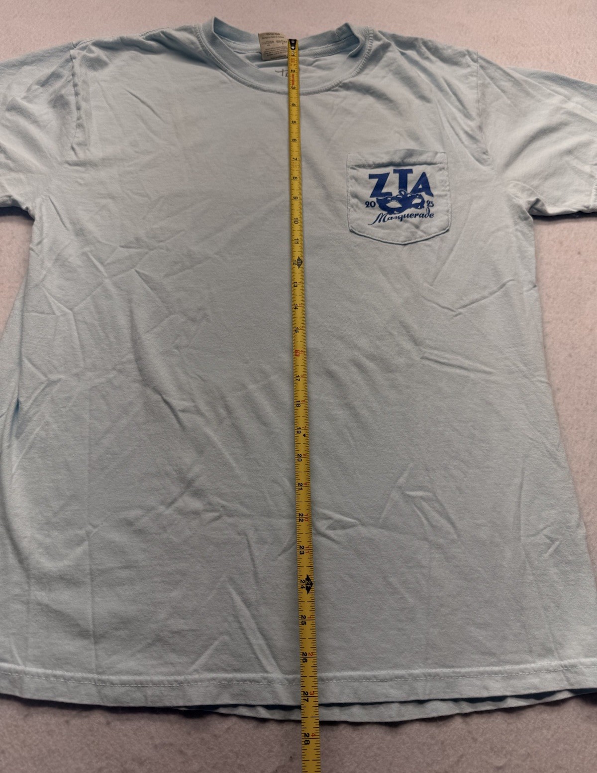 Zeta Tau Alpha ZTA Sorority Masquerade 2023 Formal DJ Pocket T-Shirt Blue Large gallery