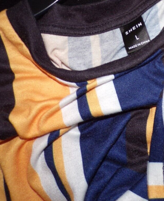 Shein Large Striped yellow, blue white Men stretch tee shirt Sz L MR gallery