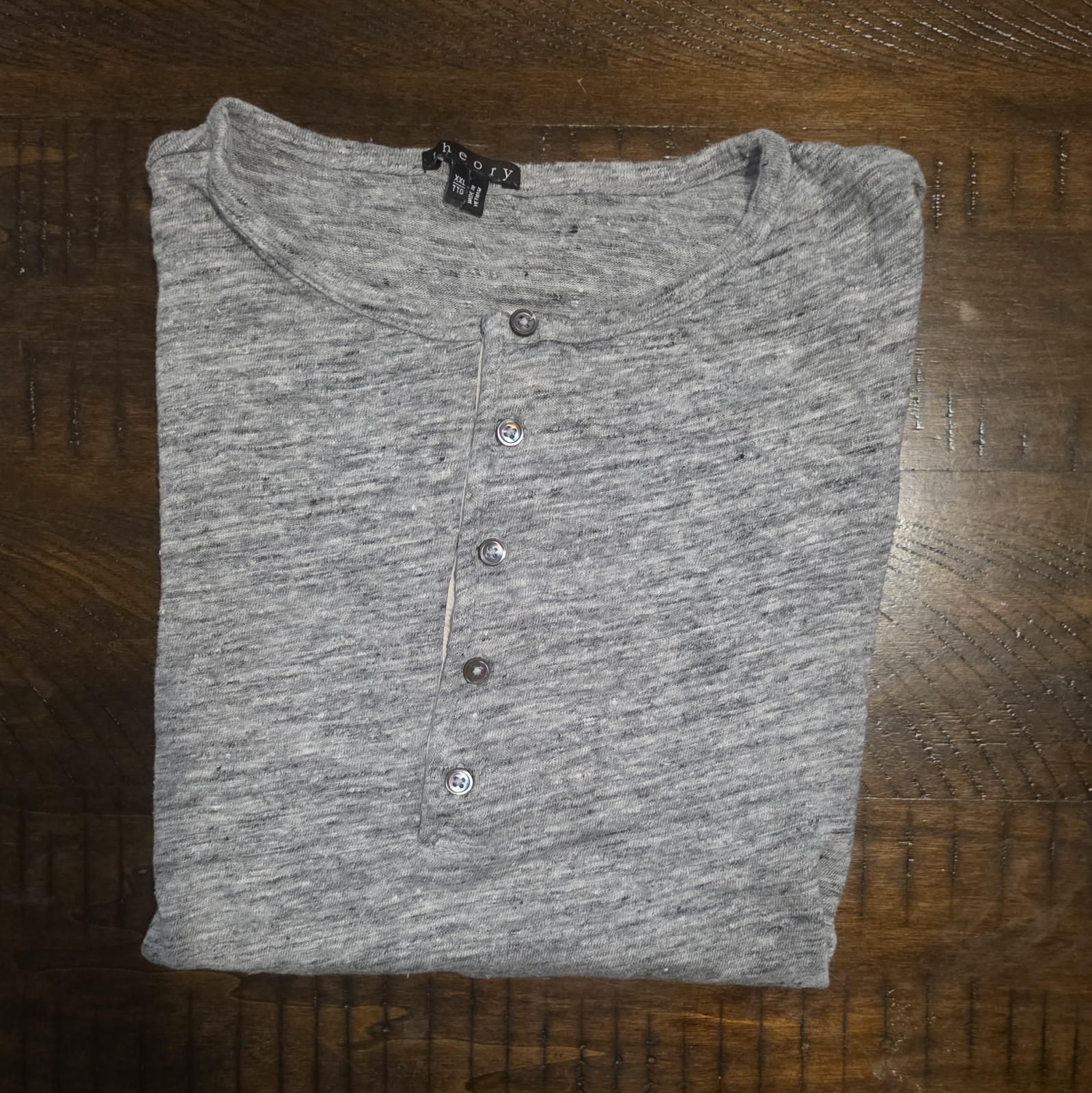 Theory Men’s Gray Linen Jersey Henley T-Shirt Button Placket, See Measurements