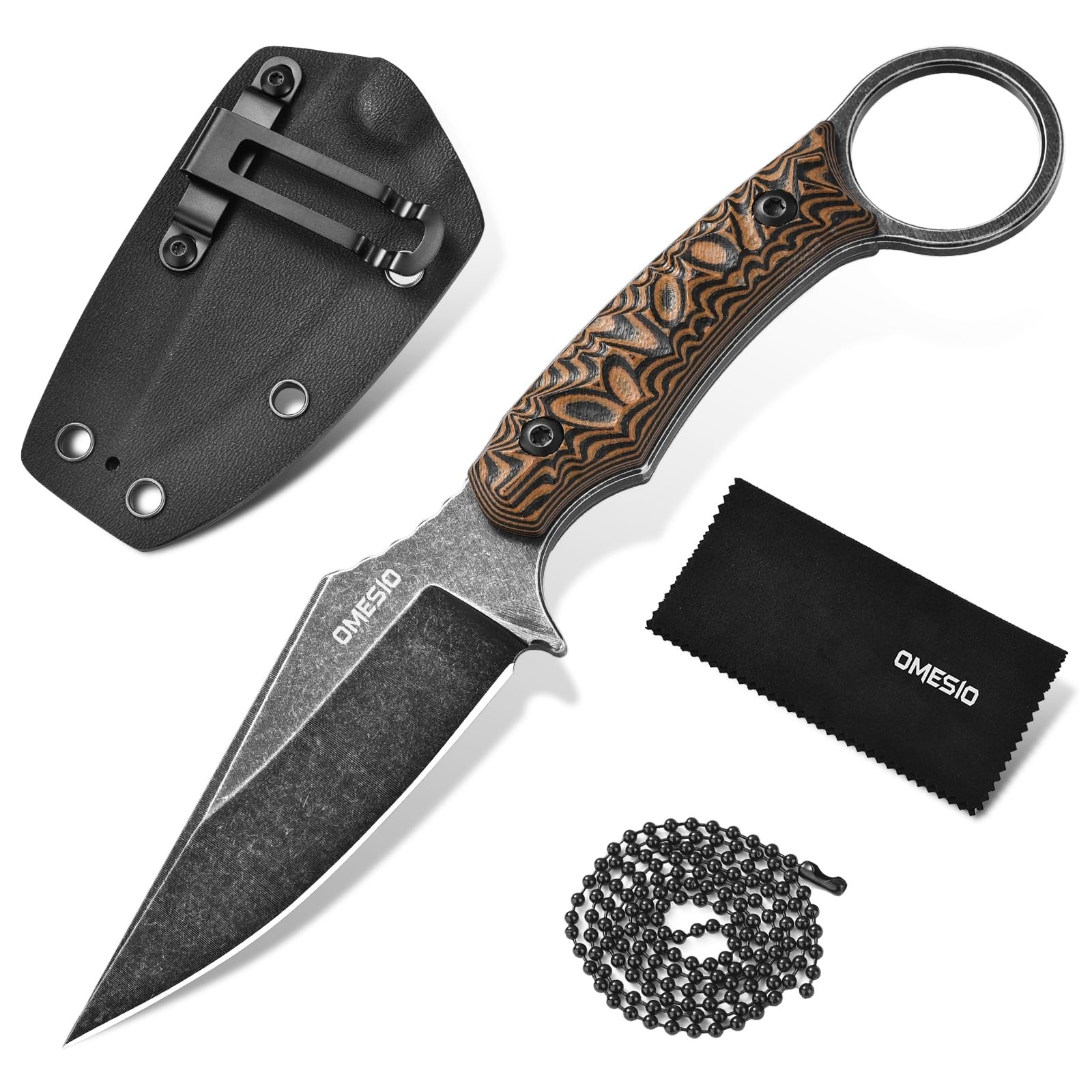 EDC Neck Knife with Sheath, 3.34″ D2 Steel Small Fixed Blade Knife, Full Tang wi