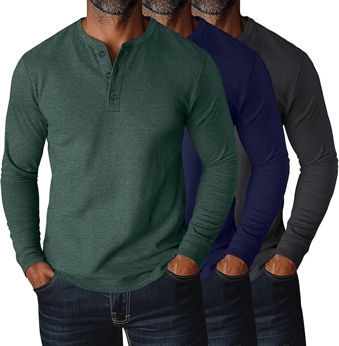 Ficerd Henley 3 Pack Men’s Big & Tall Henley T-shirts Long Sleeve Plus Size Cot