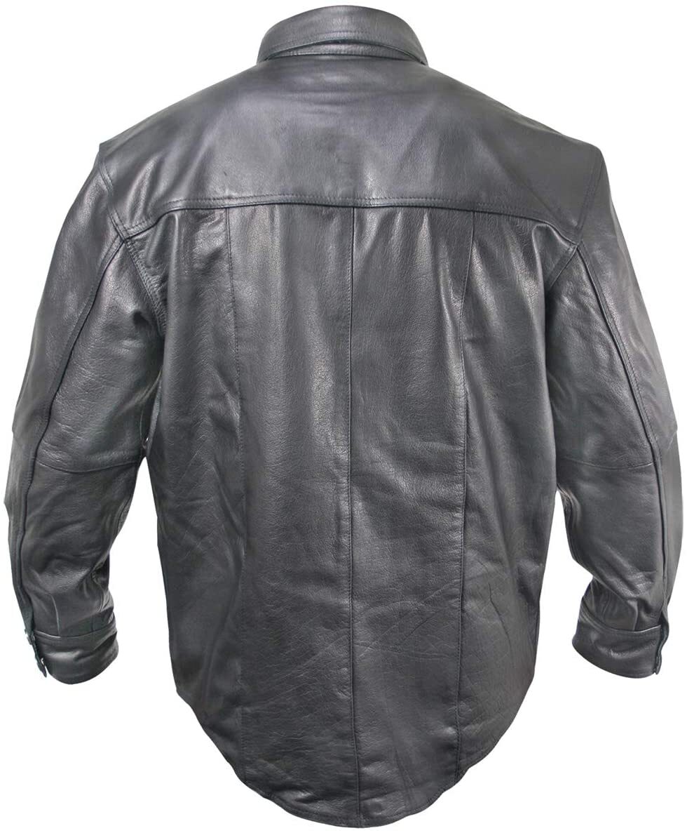 Mens Leather shirt Genuine Lambskin Motorcycle Button Slim Black Jacket Shirt gallery