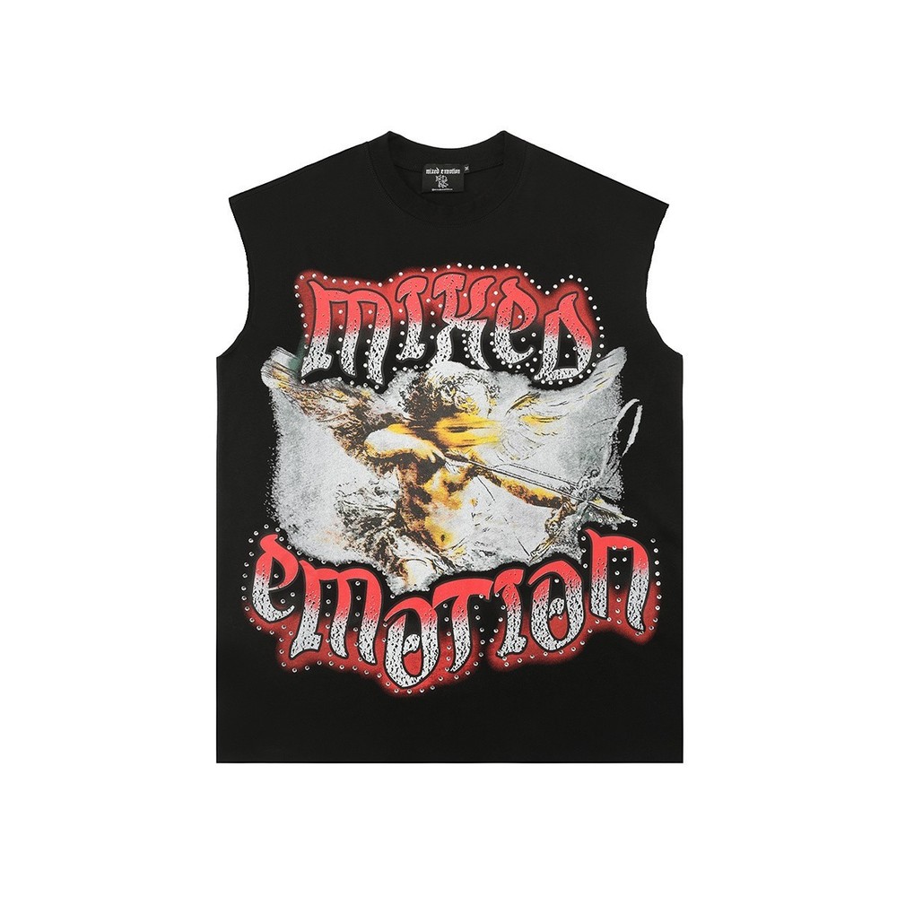 NEW Mixed Emotion Angel Rhinestone Sleeveless Black Graphic Tee