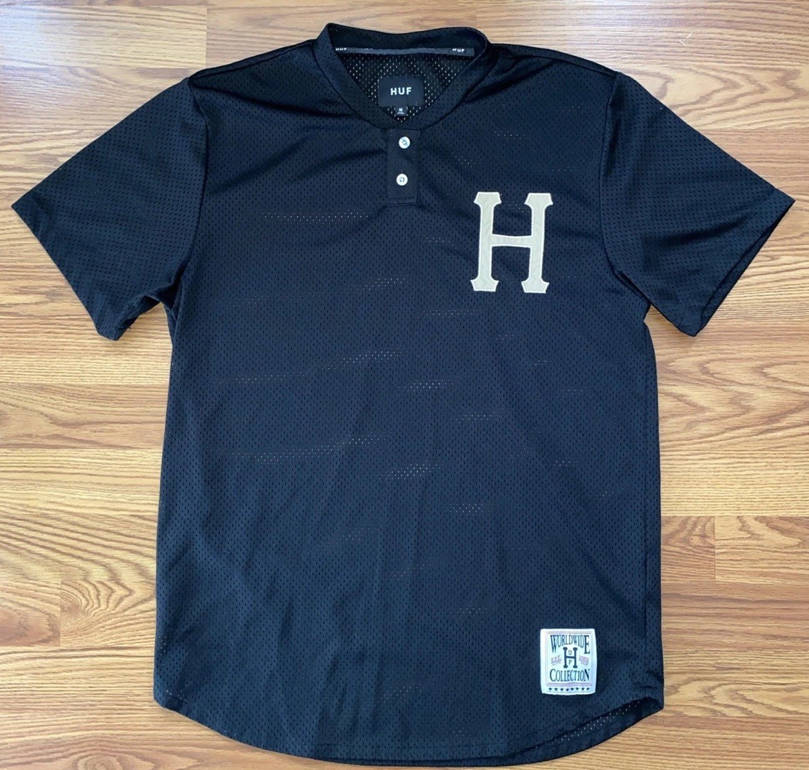 HUF Worldwide Collection Mens Medium Black Mesh Baseball Jersey Shirt Streetwear gallery