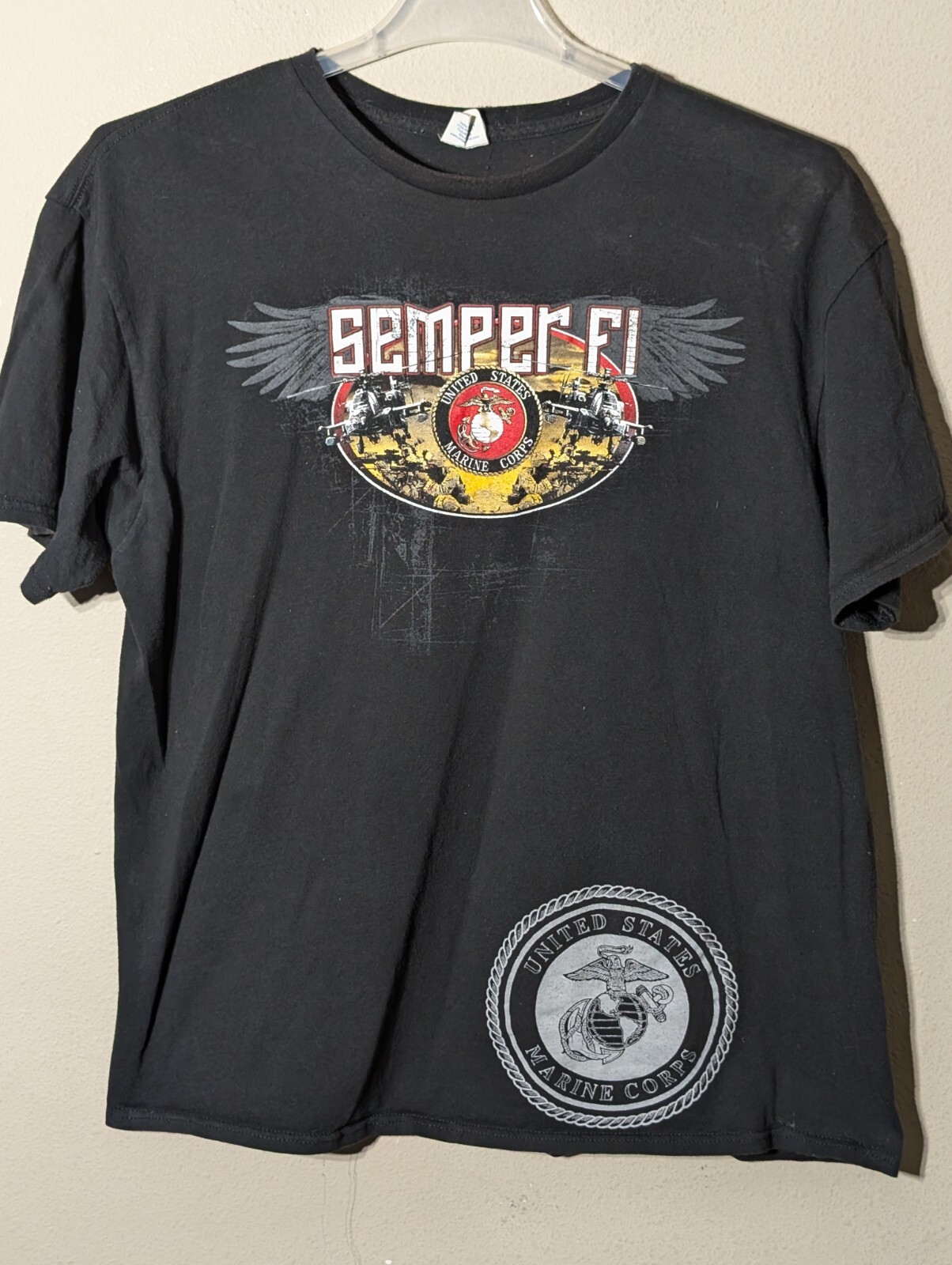 USMC US Marine Corps Semper Fi Logo Military Crest Black Graphic T-shirt Large