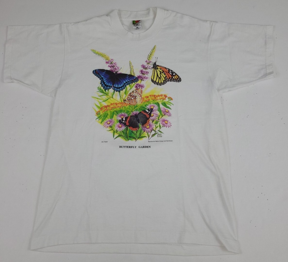 Vintage 90s Butterfly Garden Art Print Shirt Vtg Nature Flowers USA Multicolor
