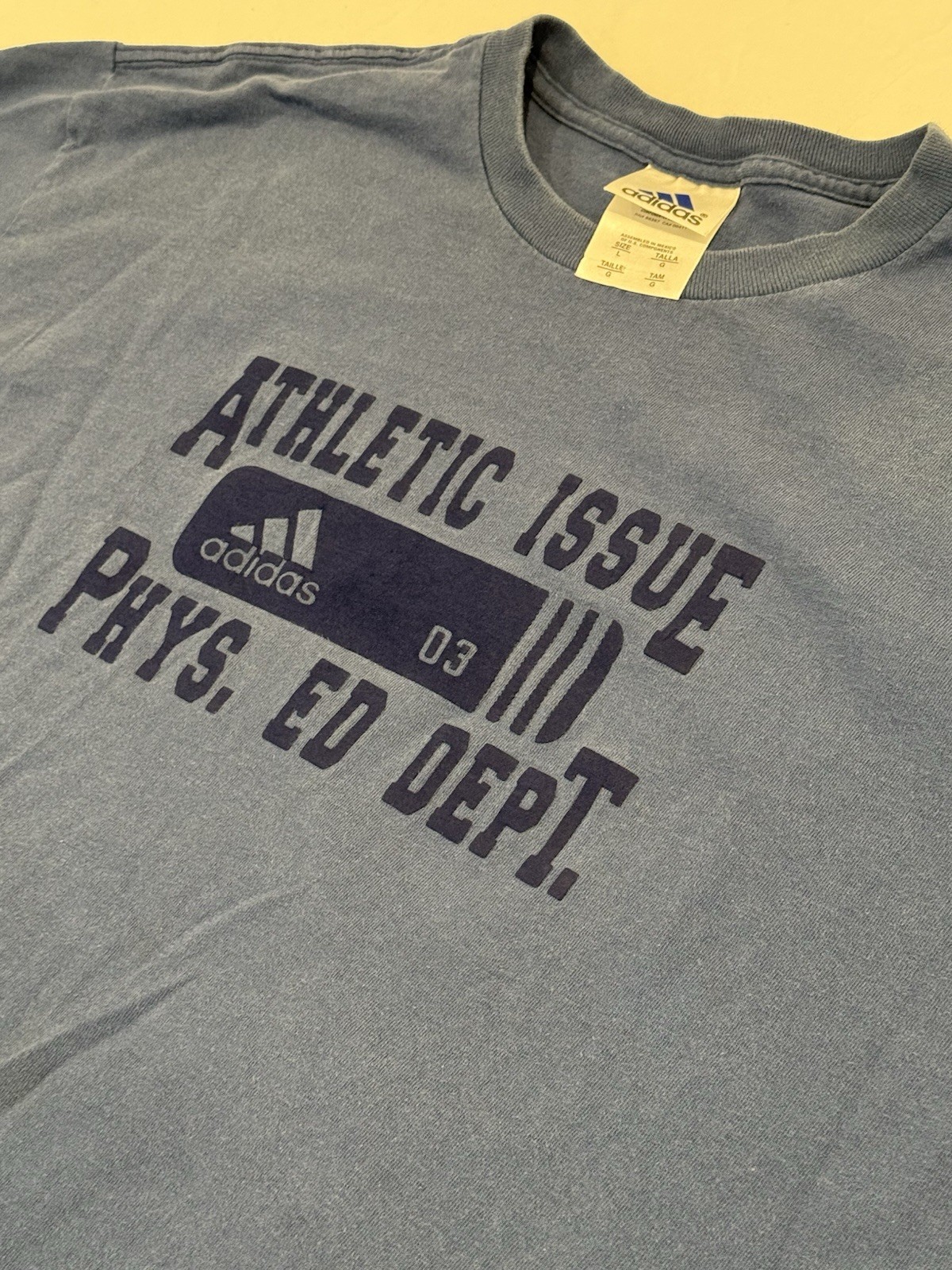 Vintage 90s Adidas Mens Large Spell Out Phys Ed T-Shirt Blue