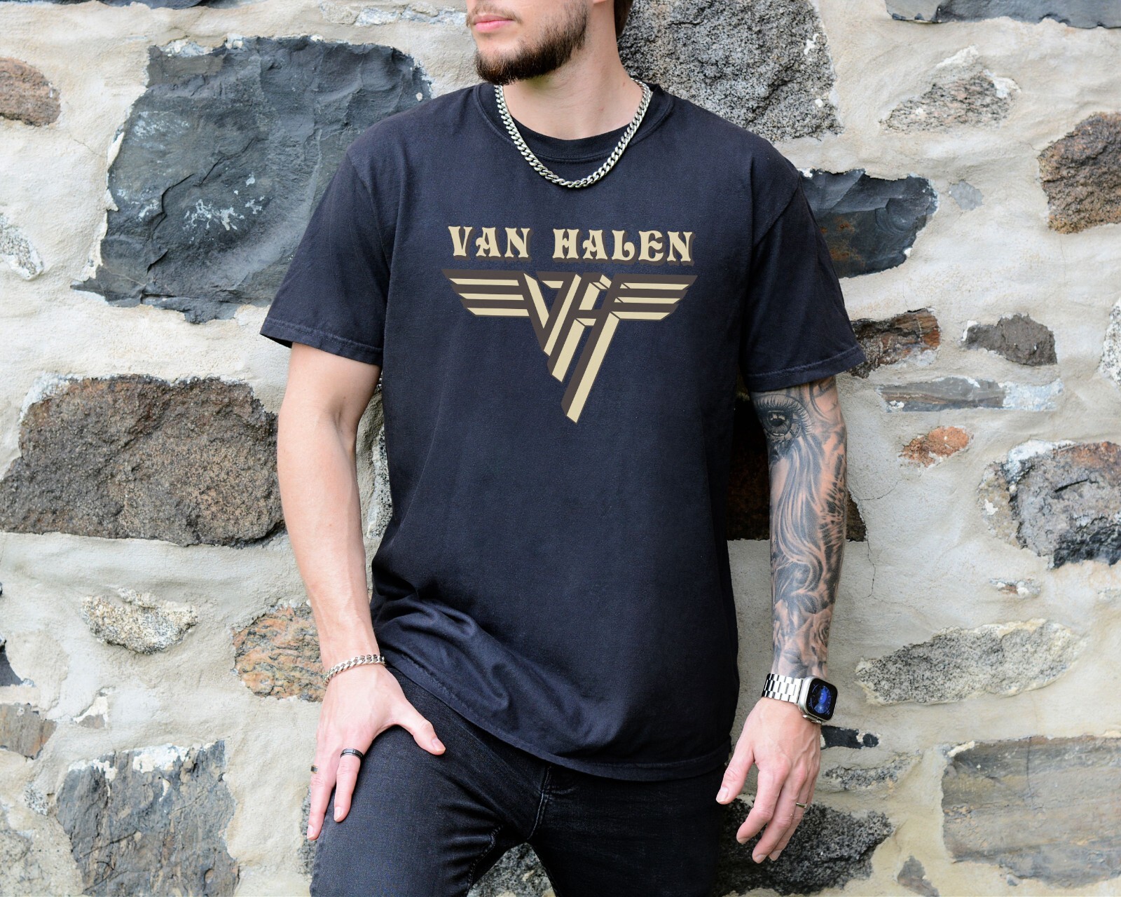 Van Halen Logo T-Shirt 70s Rock Band on Vintage Black Comfort Colors 1717 Tee