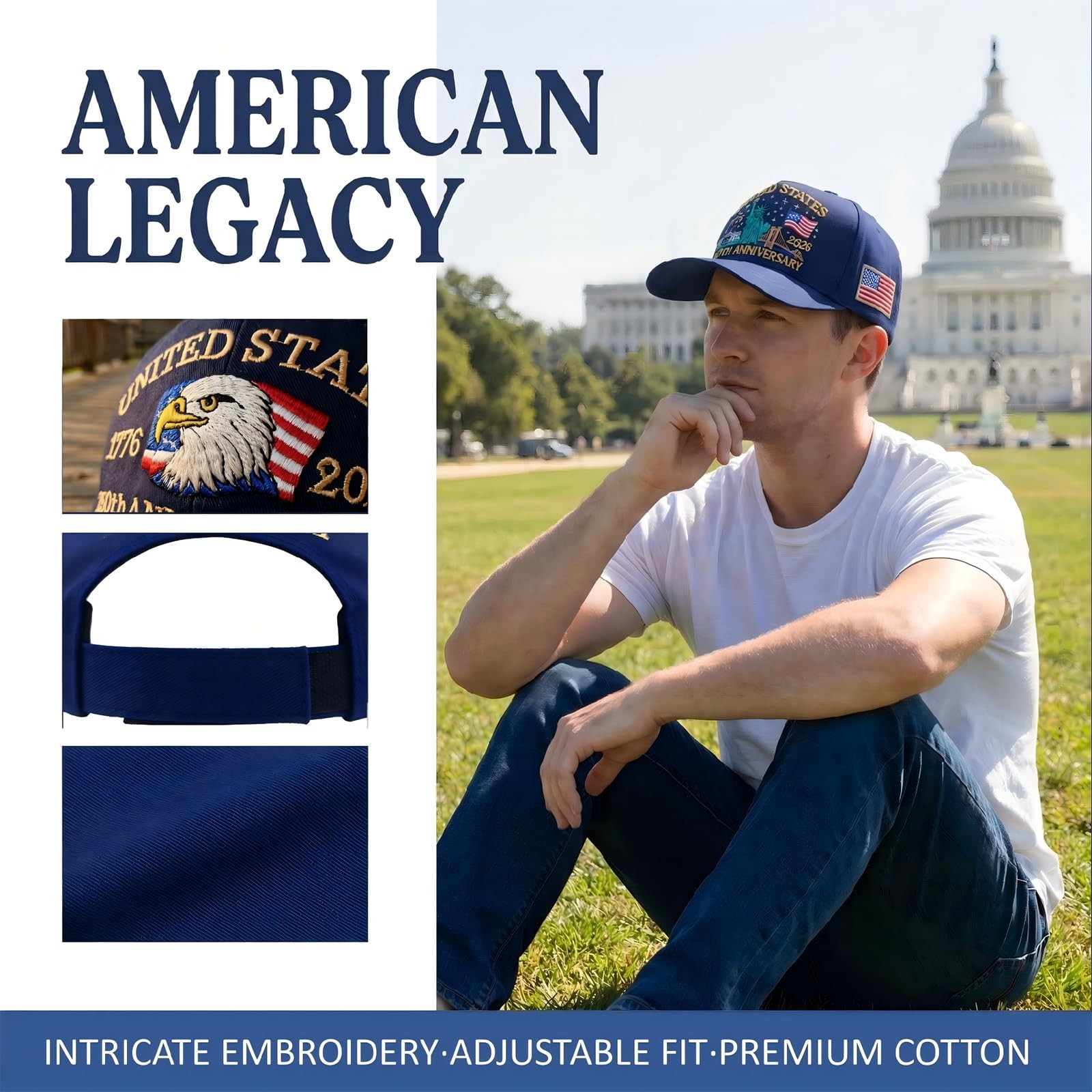 250th Anniversary USA Hat, Adjustable Embroidered Patriotic Retro Washed Base... gallery