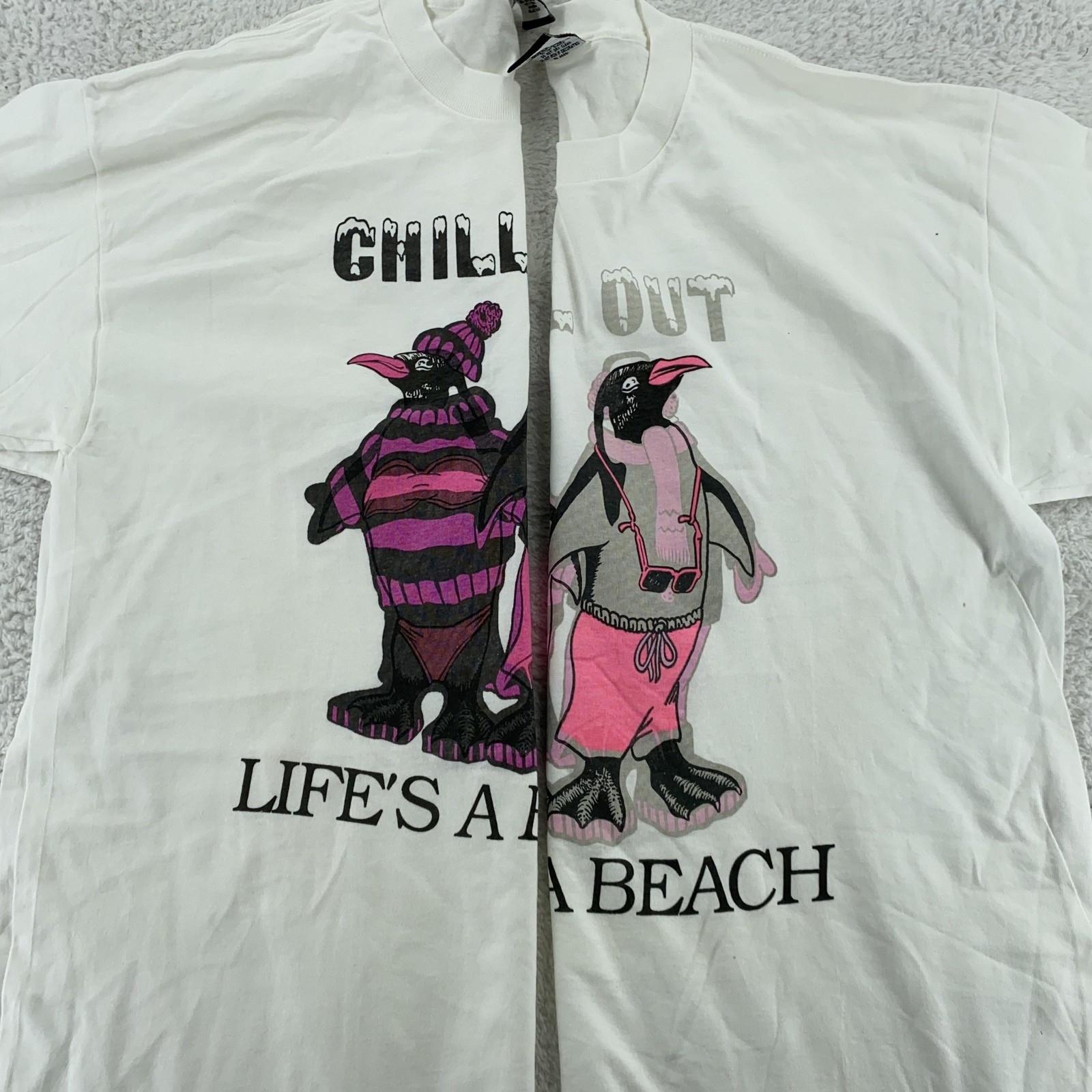 Vintage 90s Heat Color Changing Chill Out Life’s a Beach T-Shirt XL Penguin