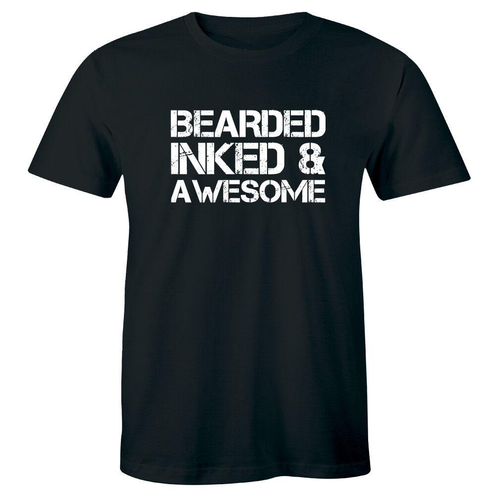 Bearded Inked and Awesome Crew Neck T-Shirt for Men Tattoo Lover Tee gallery