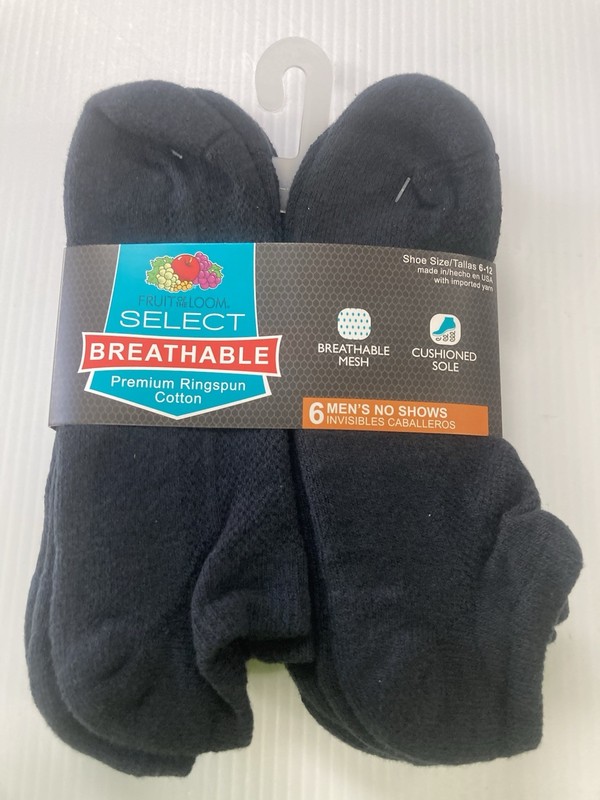 Fruit of the Loom® Men’s No-Show Socks, Breathable Mesh, Black, Large, 6 pairs