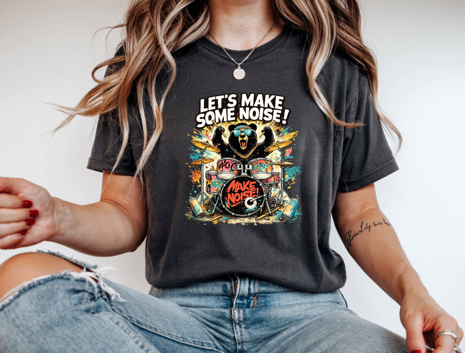 Funny Drummer Bear T-Shirt Let's Make Some Noise Music Band Graphic Tee gallery