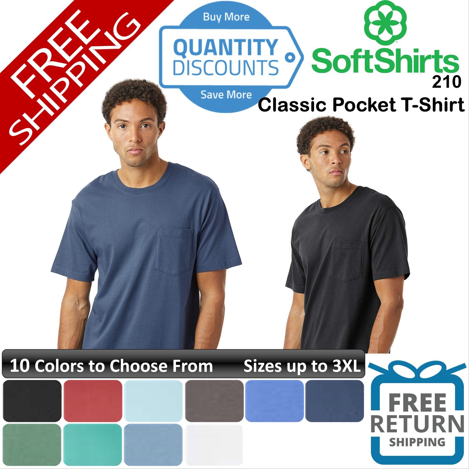 🔥 SoftShirts Men Classic Pocket T-Shirt ring-spun cotton jersey Up To 3XL 210