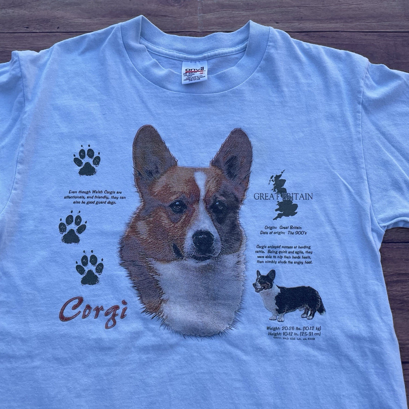 Vintage 90s RARE Corgi Great Britain Animal Dog Breed Shirt Size M Sky Blue Tee gallery