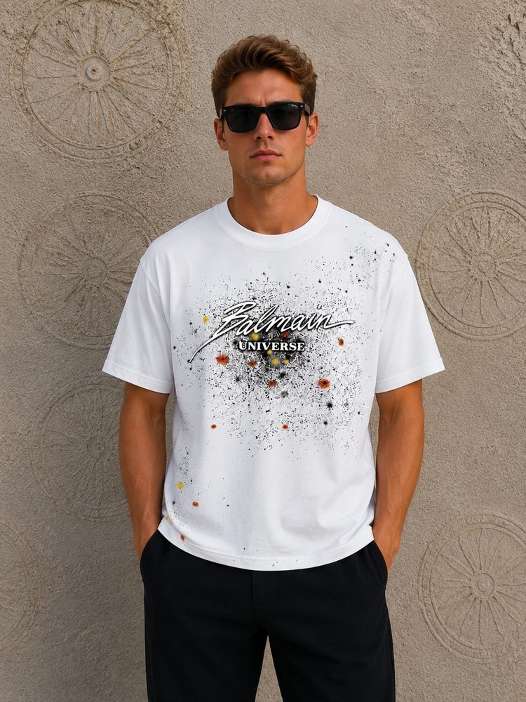 Balmain Universe White Splatter Paint T-Shirt Men’s Luxury Graphic Streetwear NW