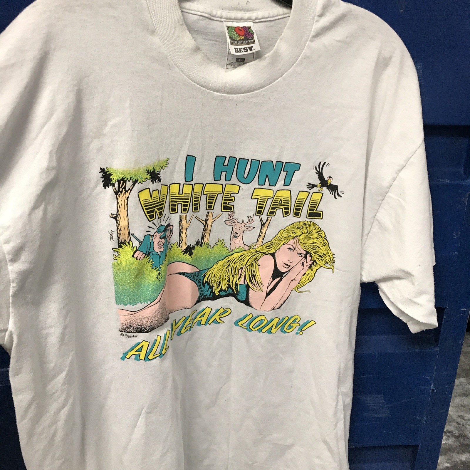 Vtg I HUNT WHITE TAIL ALL YEAR LONG T-SHIRT 1991 PARODY HUNTING DEER FUNNY XL gallery
