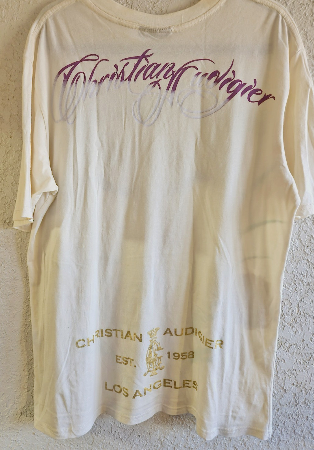 Y2K Christian Audigier Ed Hardy VIF XL Cream T-Shirt Beaded Stitched Stored New gallery