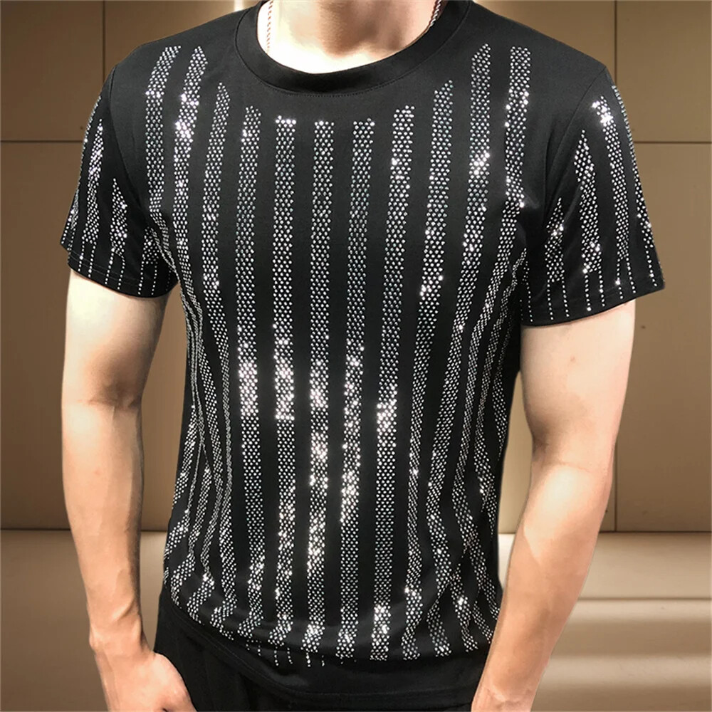 New Men Luxury Diamond Rhinestones Fashion Black T-Shirt High Quality gallery