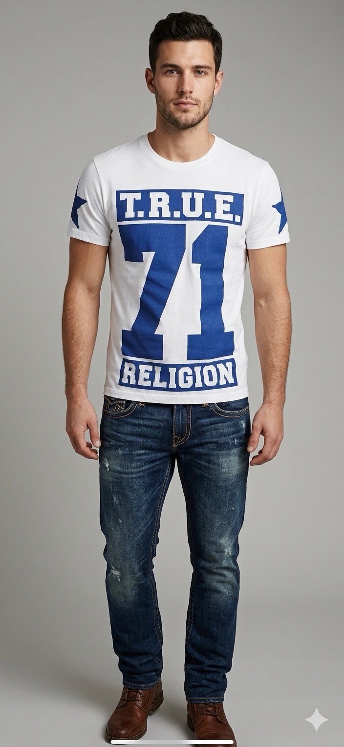 $105 TRUE RELIGION White Blue 71 STARS Short Sleeve Graphic Heavyweight T-shirt gallery