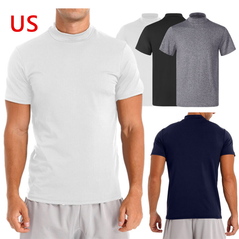 Freebily US Men Mock Neck T-shirt Short Sleeve Undershirt Casual Solid Color Top gallery