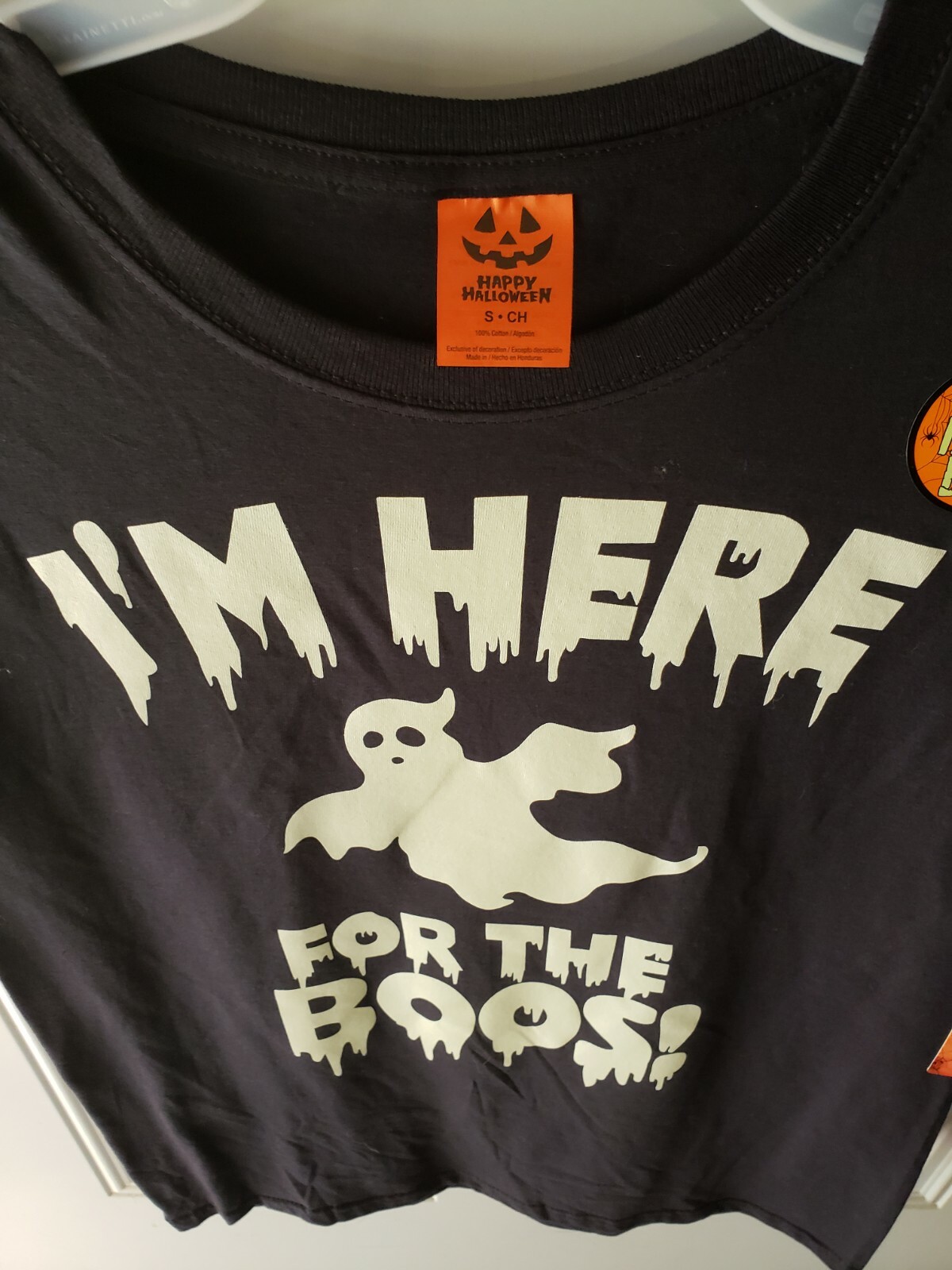Halloween I'M HERE FOR THE BOOS Black T-Shirt Ghost SZ S 34-36 Glow In The Dark gallery
