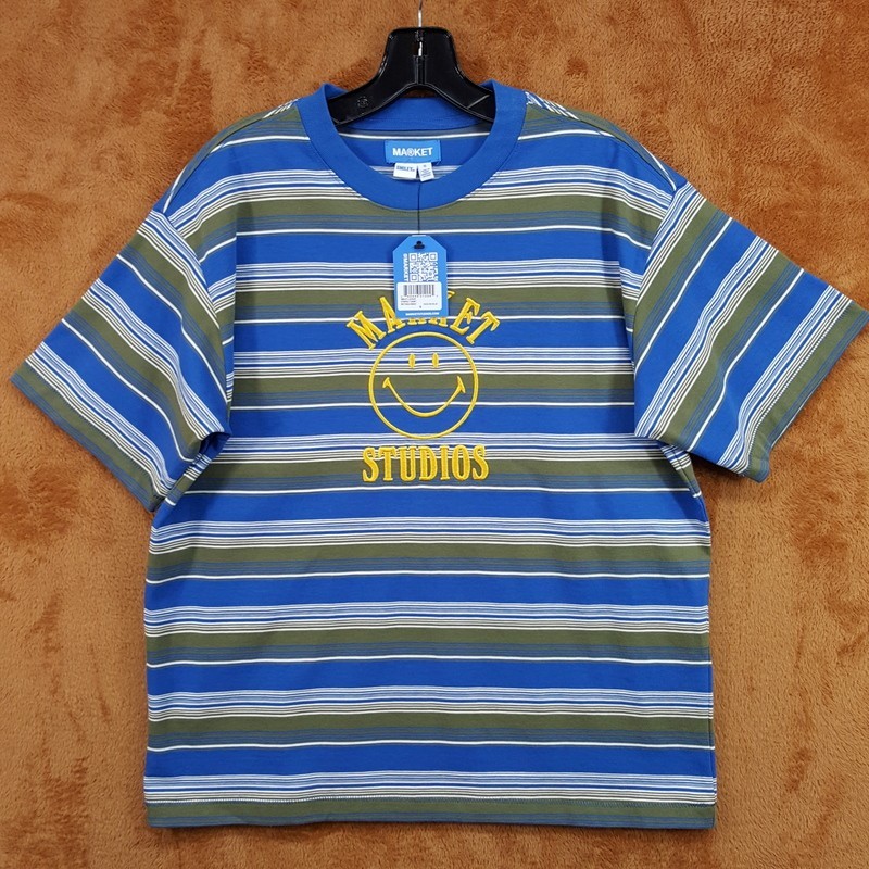 MARKET STUDIO Shirt Mens Small Blue Stripe Pullover Crew Smiley T-Shirt Tee gallery