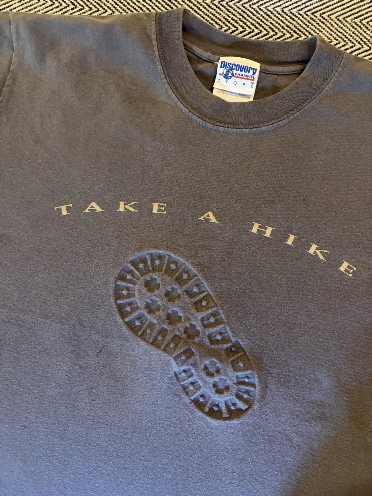 Discovery Channel “TAKE A HIKE” boot print shirt, M, vintage, embossed medium