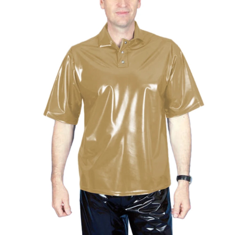 Men's PVC Wet Look T-Shirt Turn Down Neck Button Everyday Wear Casual Loose Top gallery