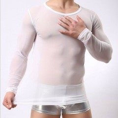 Mens Undershirt Nylon Mesh Men See Through Sheer Long Sleeve Sexy T-shirt