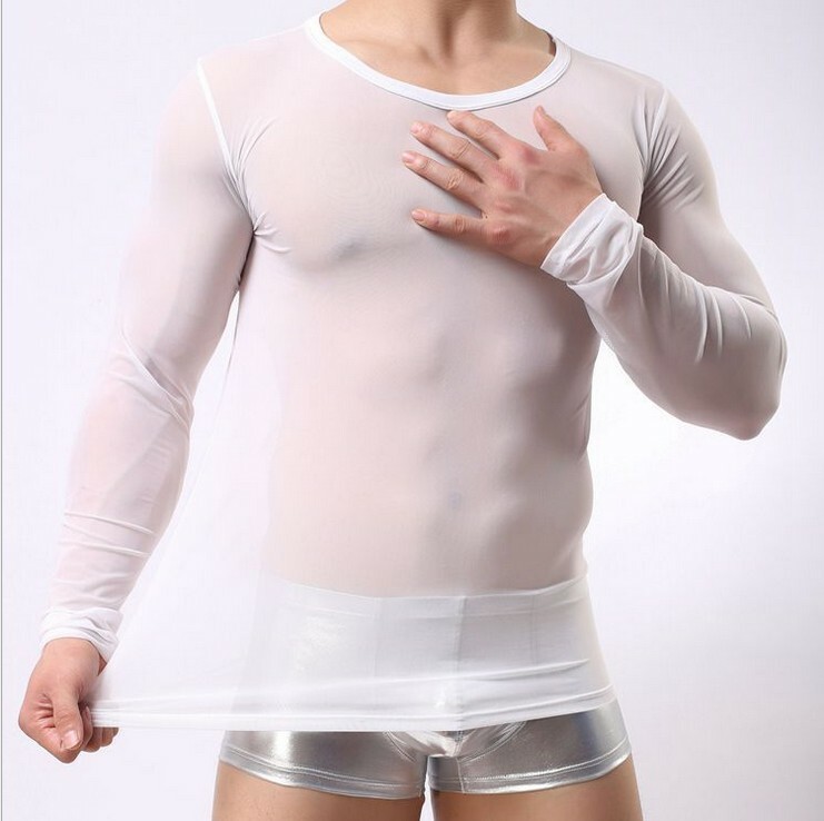 Mens Undershirt Nylon Mesh Men See Through Sheer Long Sleeve Sexy T-shirt gallery