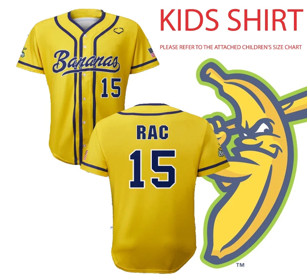 Savannah Bananas #15 RAC Baseball Jersey Kids Shirt Youth Size