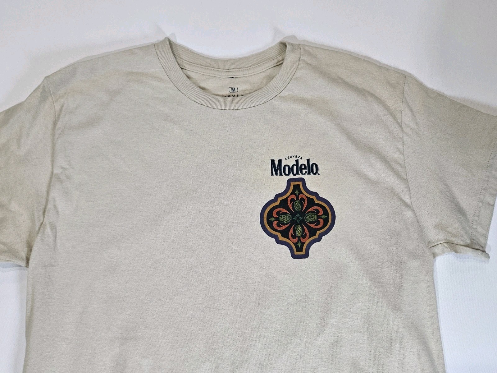 Modelo T-shirt Mens Medium Beige Gold Aztec Graphic Casual Mexican Beer Tee gallery