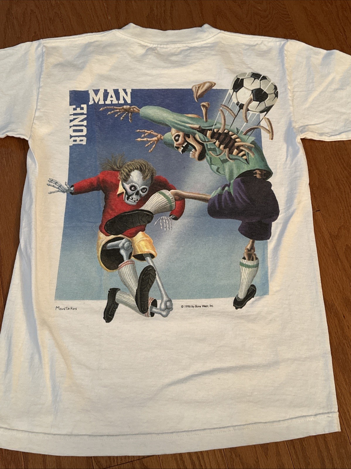 Vtg Bone Man Skeleton Soccer T-Shirt, White, Size Small 1996 90s gallery