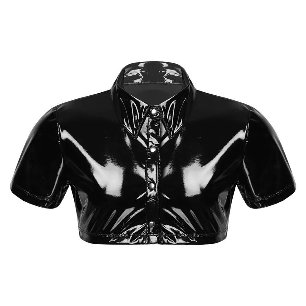 Crop Tops Blouse M-3XL PU PVC Patent Leather Shiny Short Sleeve Summer gallery