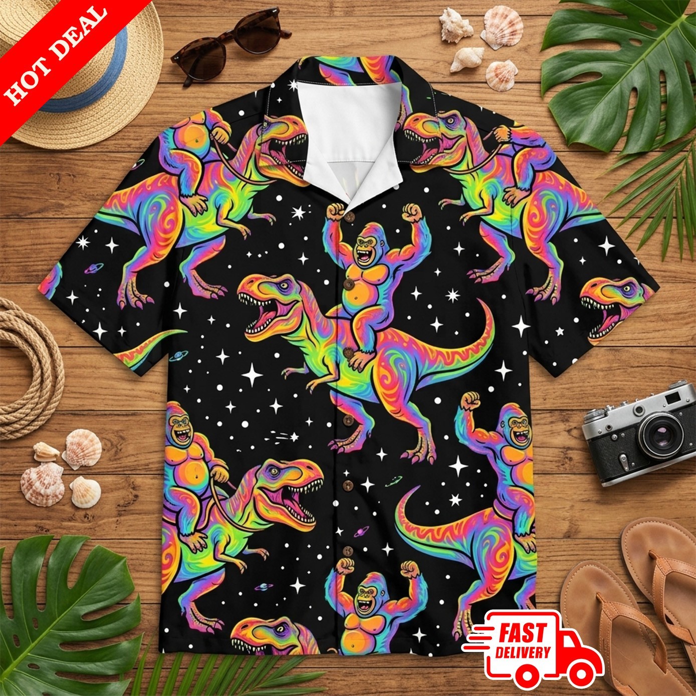 Gorilla Riding T-Rex Mens Hawaiian Shirt Rainbow Space Dinosaur Button Down
