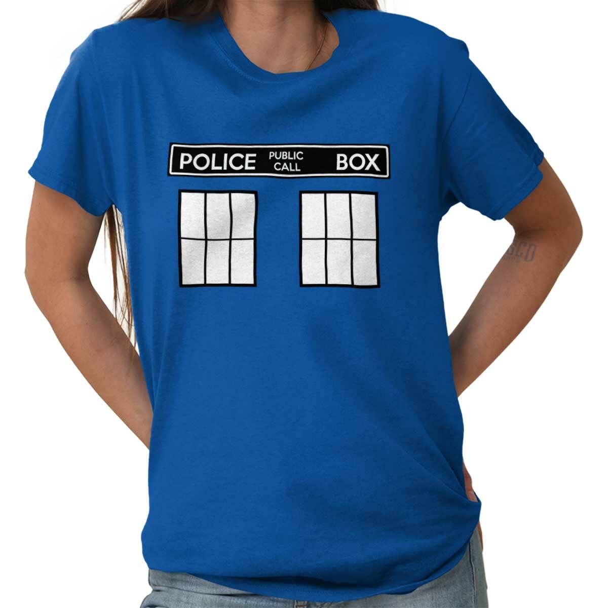 Police Box Time Travel Machine Who TV Show Womens or Mens Crewneck T Shirt Tee gallery