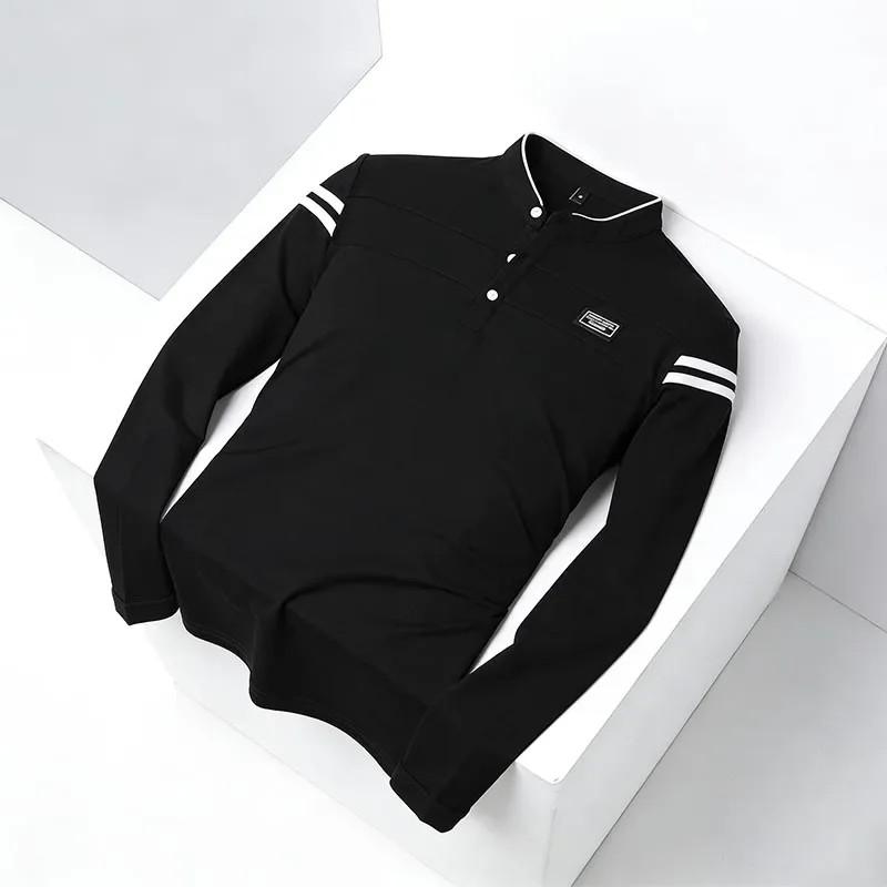 Men Stand Collar Long Sleeve Polo Shirt Stripe Accent Soft Breathable For Busine gallery