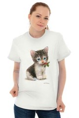 Cute Christmas Kitten Mistletoe Xmas Cat Womens Graphic Crewneck T Shirt Tee