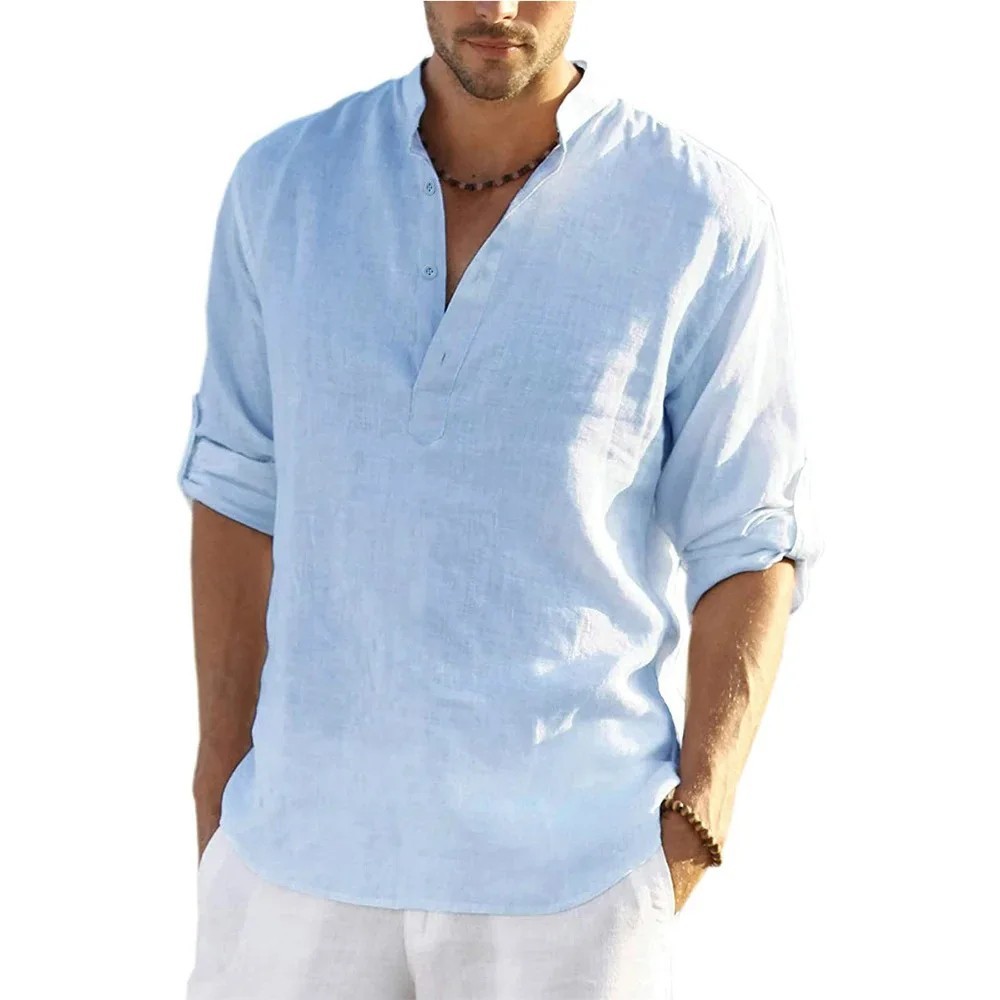 Men's Cotton Linen Henley Long Sleeve Shirt Casual Beach T-shirt Tee Summer Gift gallery