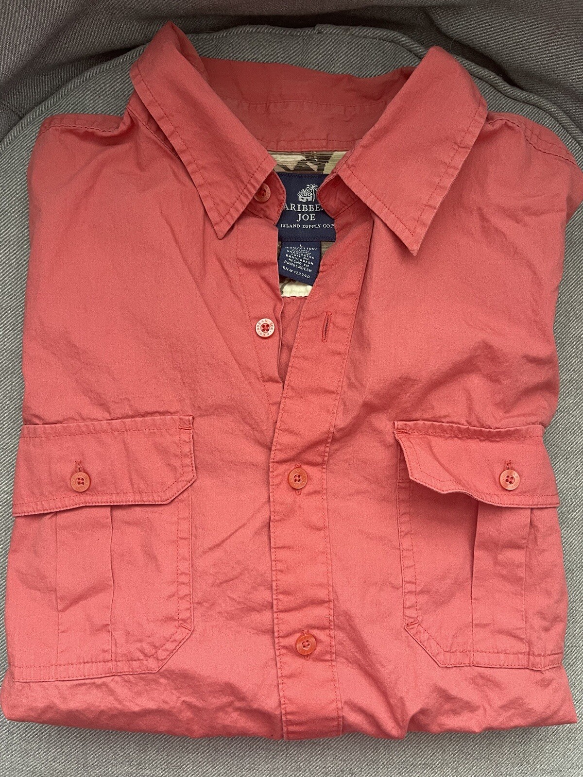 Caribbean Joe Men’s L Short Sleeve Shirt Collared Button Up Cotton Pockets Coral