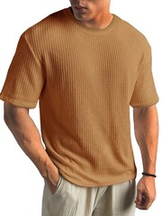 Mens Summer T Shirt Casual Ribbed Crew Neck Short Sleeve Solid Color Tee Top