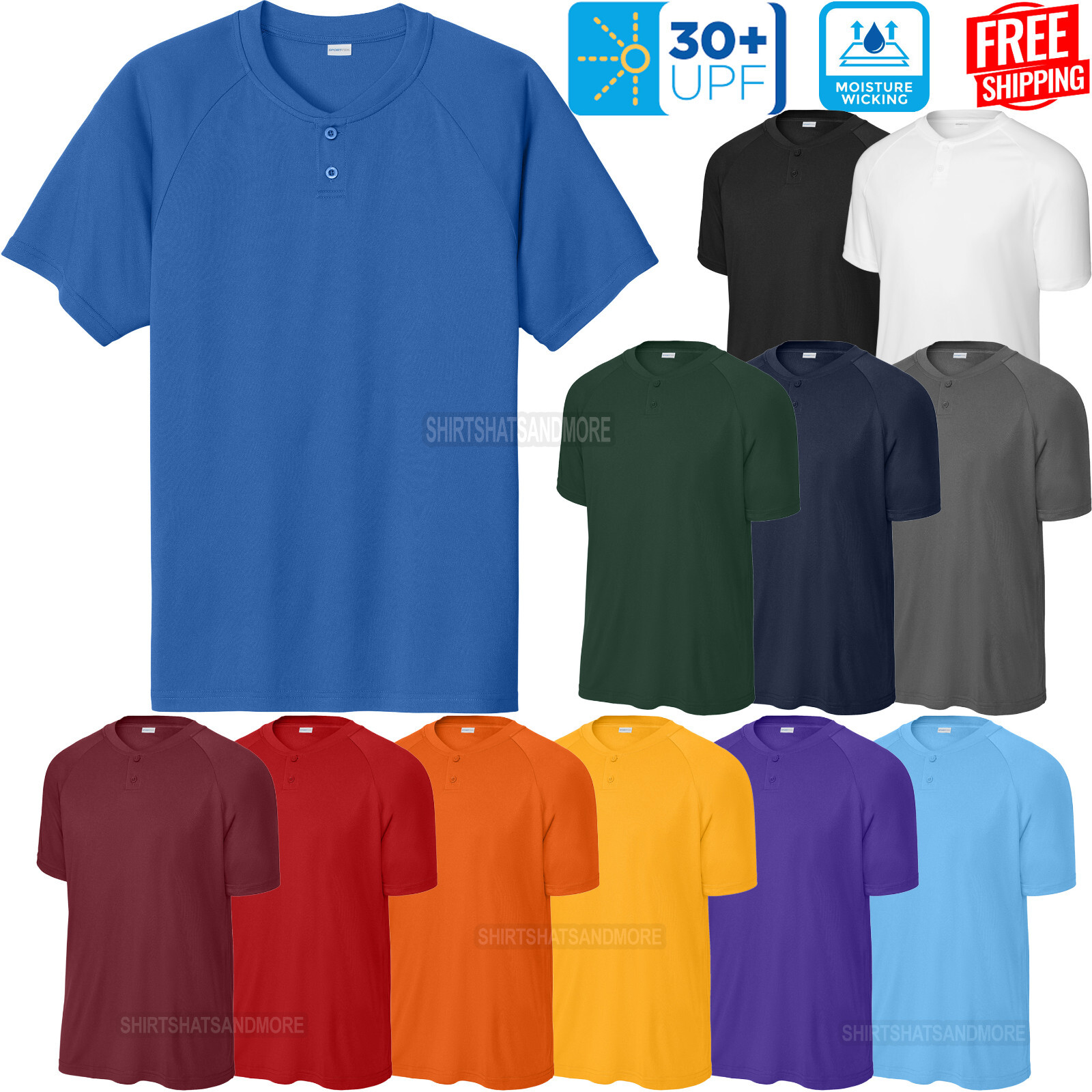 Mens 2 Button Moisture Wicking Henley Tee UPF 30+ T-Shirt Game Day XS-4XL NEW! gallery
