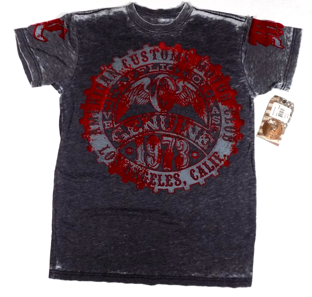 Affliction American Customs Club Small T Shirt NWT Flocked Flag Rebels Skull
