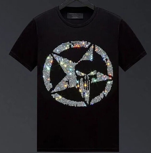 New Men Luxury Diamond Star Rhinestones Fashion Skull Black T-Shirt High Quality gallery