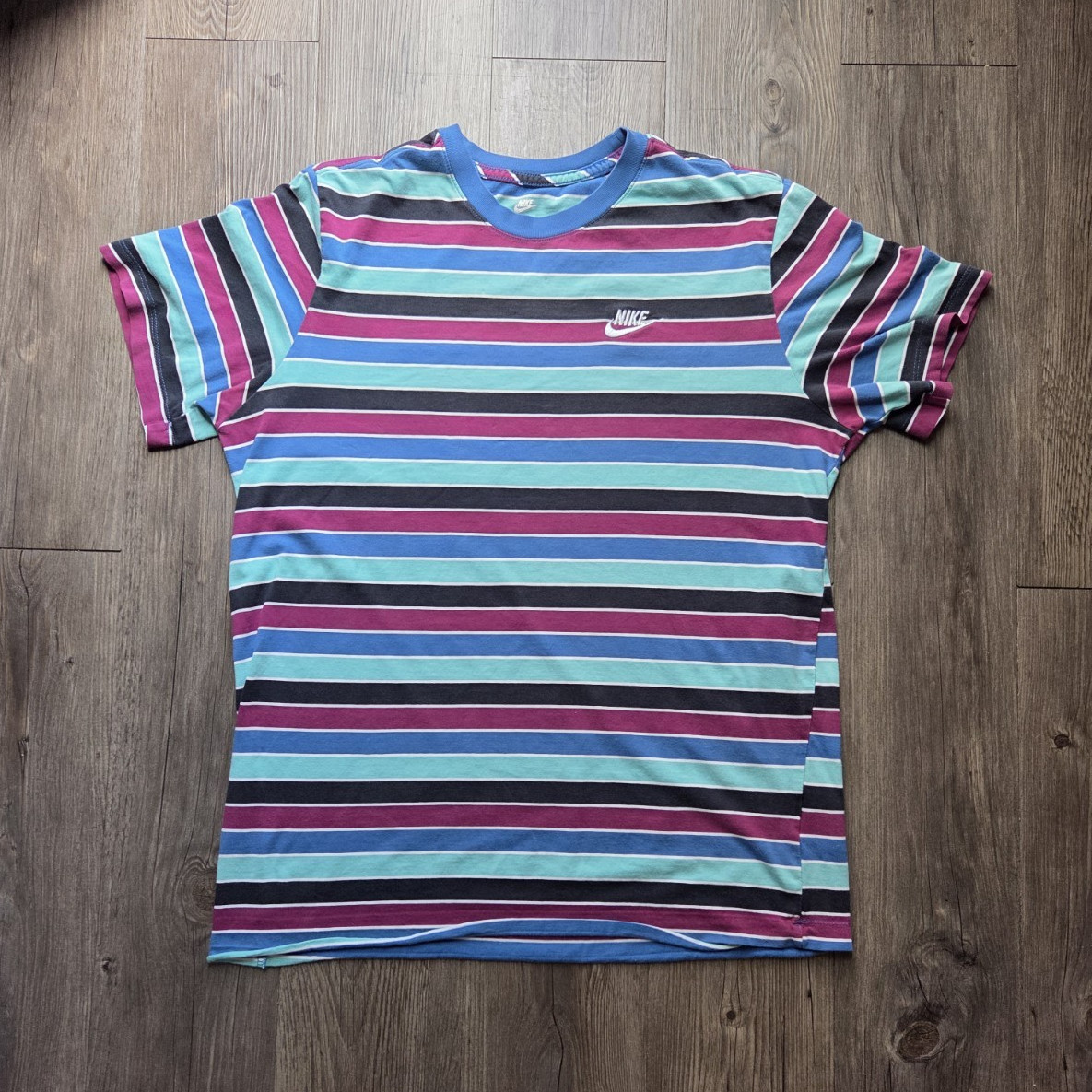 Nike The Nike Tee Men's Multicolor Striped Logo Crew Neck Tee Size L gallery