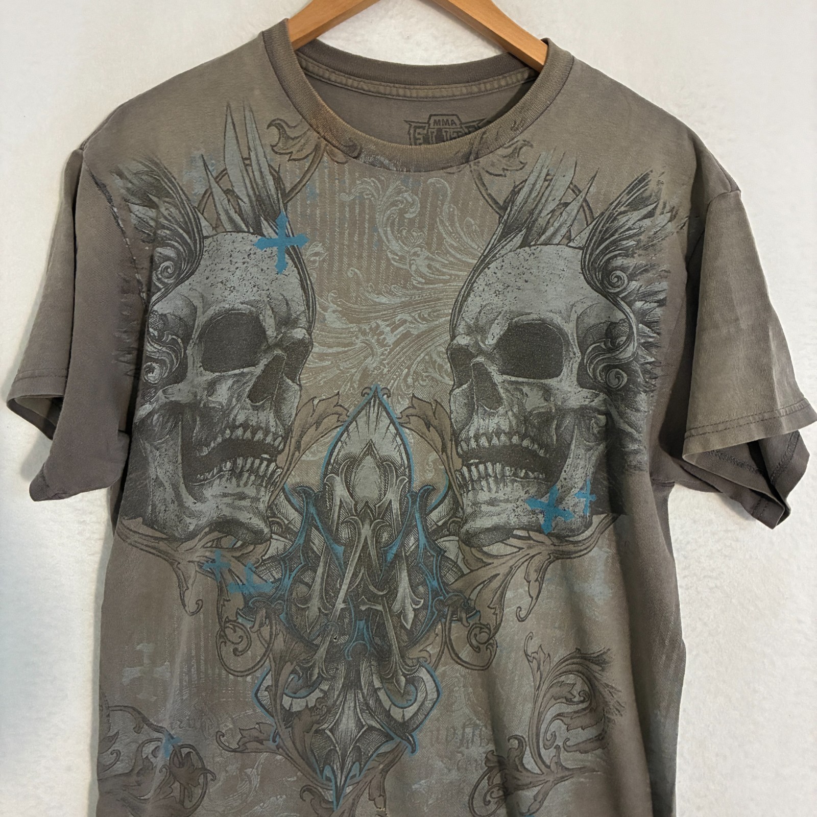 Vtg Y2K MMA Elite Shirt Mens L Grunge Skulls Cross Tattoo UFC Distressed Tee gallery
