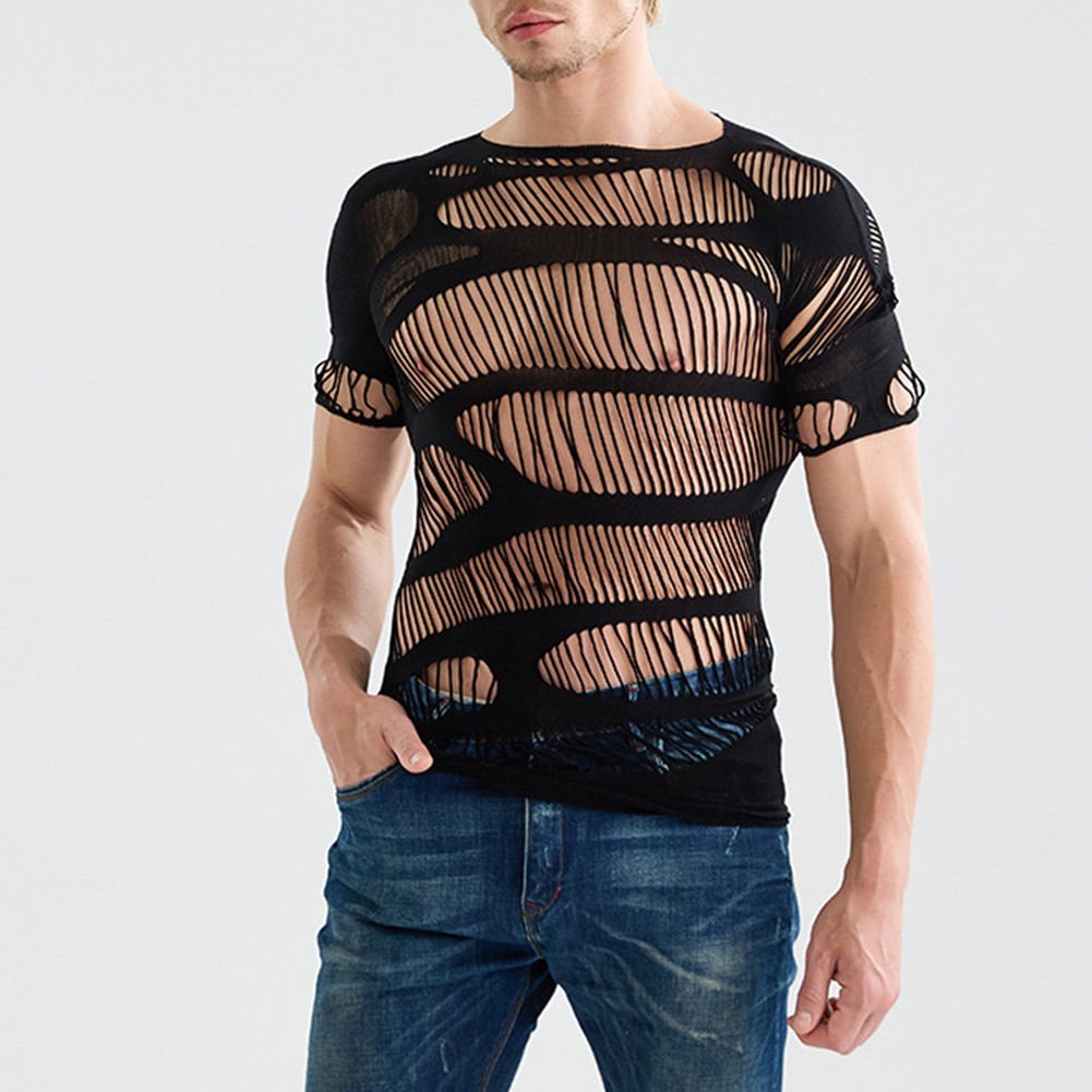 Mens Short Sleeve Mesh See Through Hollow Out Tops O Neck T Shirts Black gallery