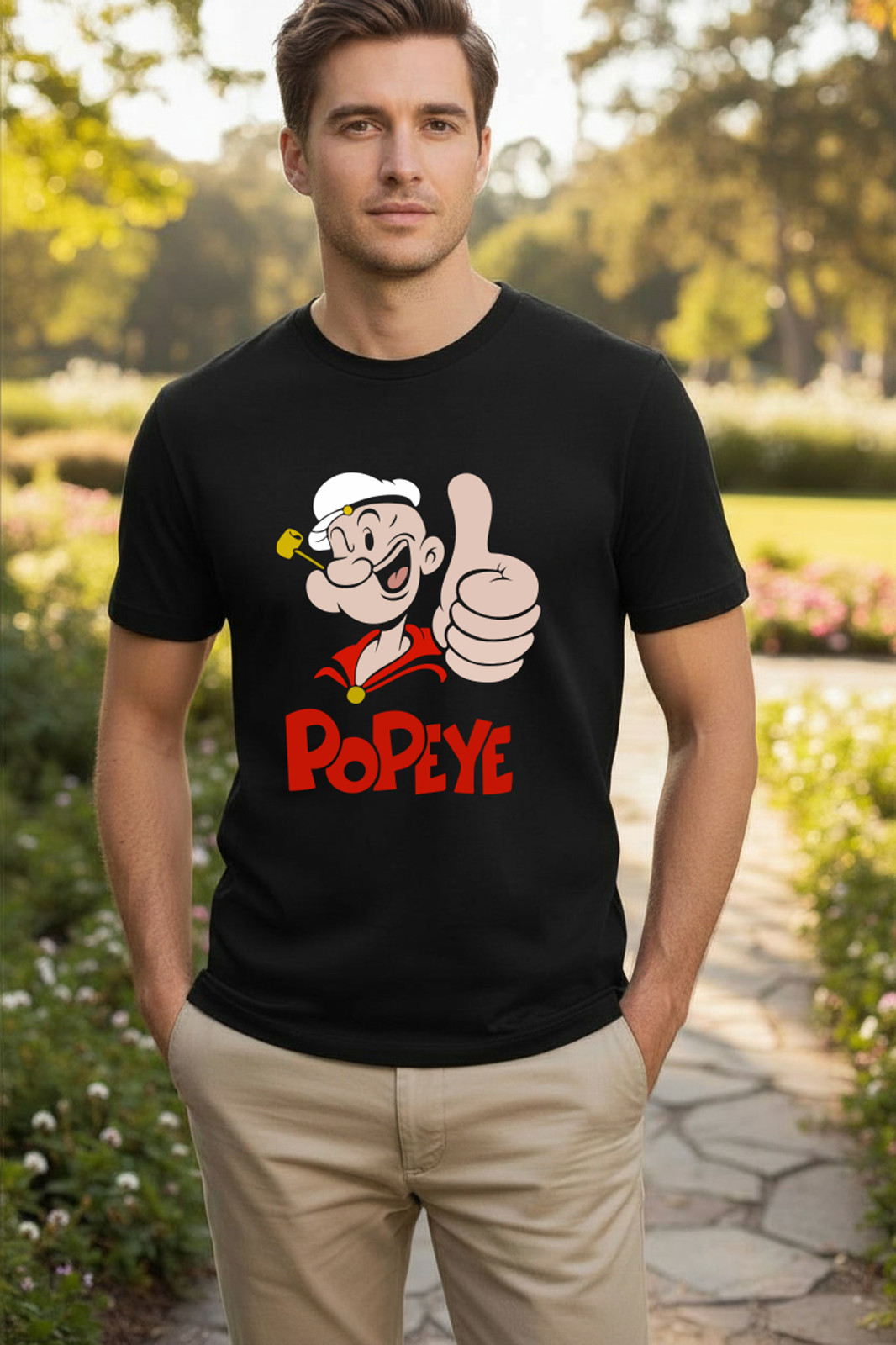 Men's Popeye Sailor Man Graphic T Shirt Thumbs Up Cartoon 100% Cotton Tee Top gallery